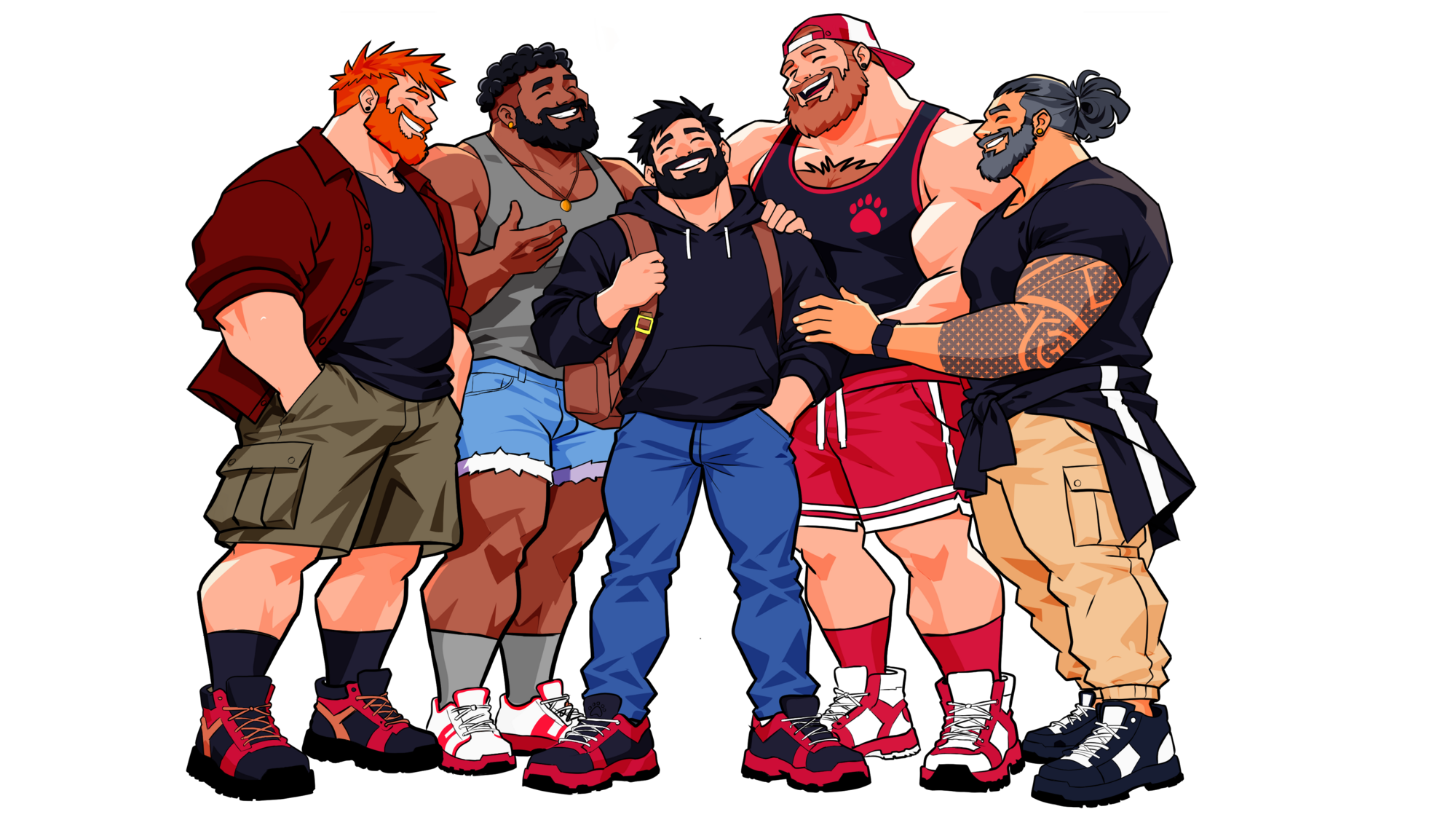 Illustration of five smiling bears, arm in arm